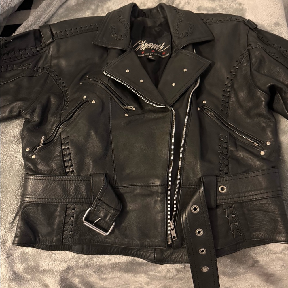 Women's Black Leather Biker Jacket Chrome Gear